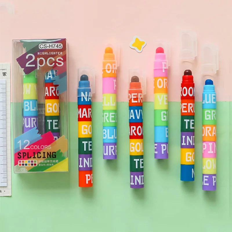 2 PCS 1 Set Highlighter Marker Pen - Six Color In One Creative Stitching Solid Fluorescent Pen - Graffiti Painting Pens Cute Stationery