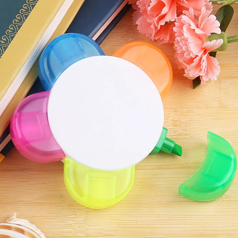 Flower Shaped Highlighter - 5 Colors Fluorescent Petal Marker Pen - School And Office Sppulies