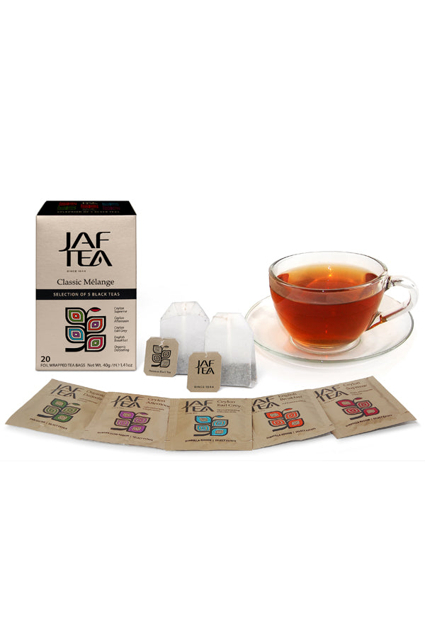 JAF TEA - Tea Bag - Classic Melange - Assortment of 5 Black Teas in 1 Carton - Individually Wrapped Foil Envelope Tea Bags 20×2g