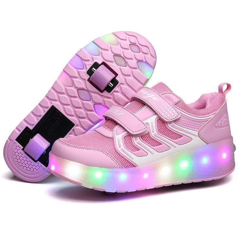 New LED Light Roller Skates - Rechargeable Pulley Shoes - Wheeled Shoes for Boys , Girls and Adults - Grid - Pink