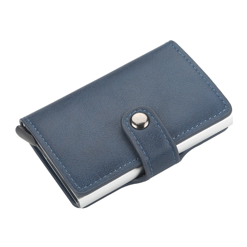 Card Holder - Artificial Leather -Card Holder  - Buckle RFID Automatic Bullet - Bank Card Sleeve Metal Aluminum Shell Card Holder - Dark Blue