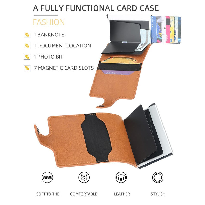 Card Holder - Artificial Leather - Buckle RFID Automatic Bullet - Bank Card Sleeve Metal Aluminum Shell Card Holder - Red