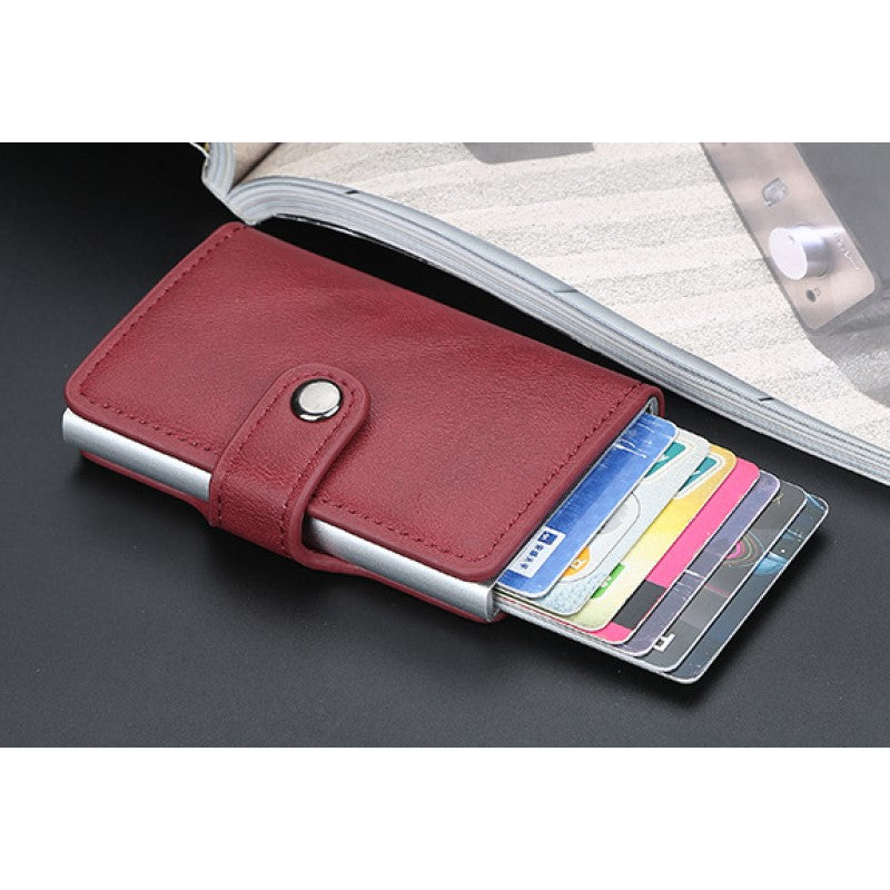 Card Holder - Artificial Leather - Buckle RFID Automatic Bullet - Bank Card Sleeve Metal Aluminum Shell Card Holder - Red