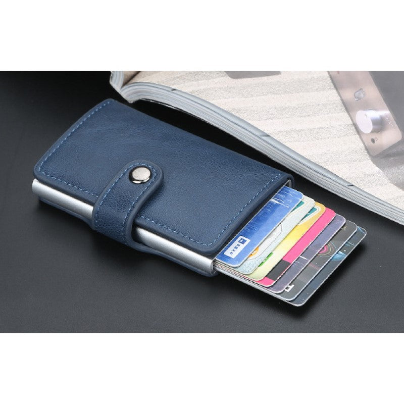 Card Holder - Artificial Leather -Card Holder  - Buckle RFID Automatic Bullet - Bank Card Sleeve Metal Aluminum Shell Card Holder - Dark Blue