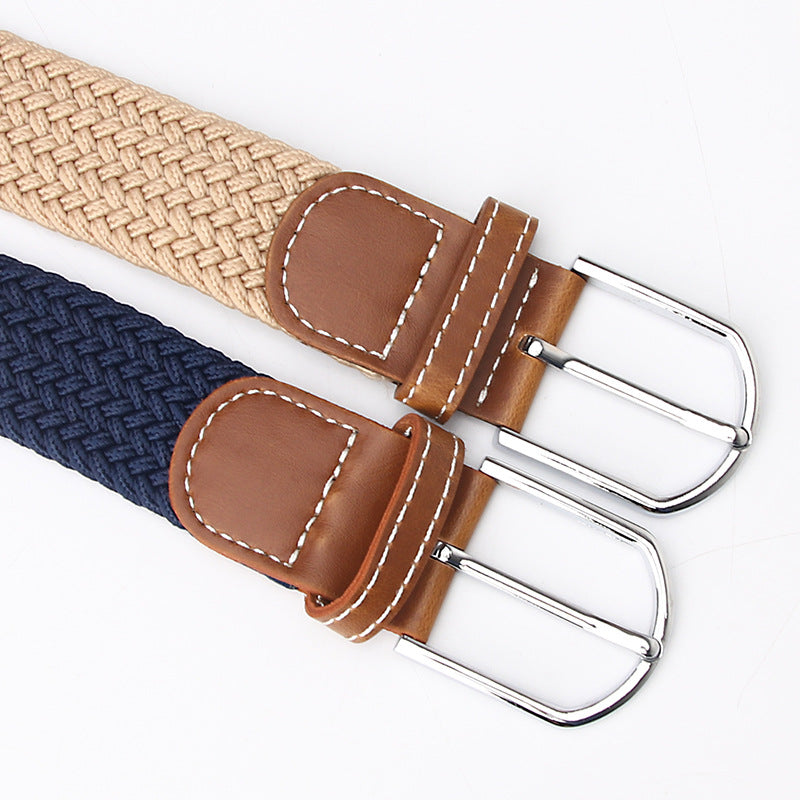 Stretch Woven Canvas Belt - Casual Pin Buckle Elastic Belt - Khaki + Blue