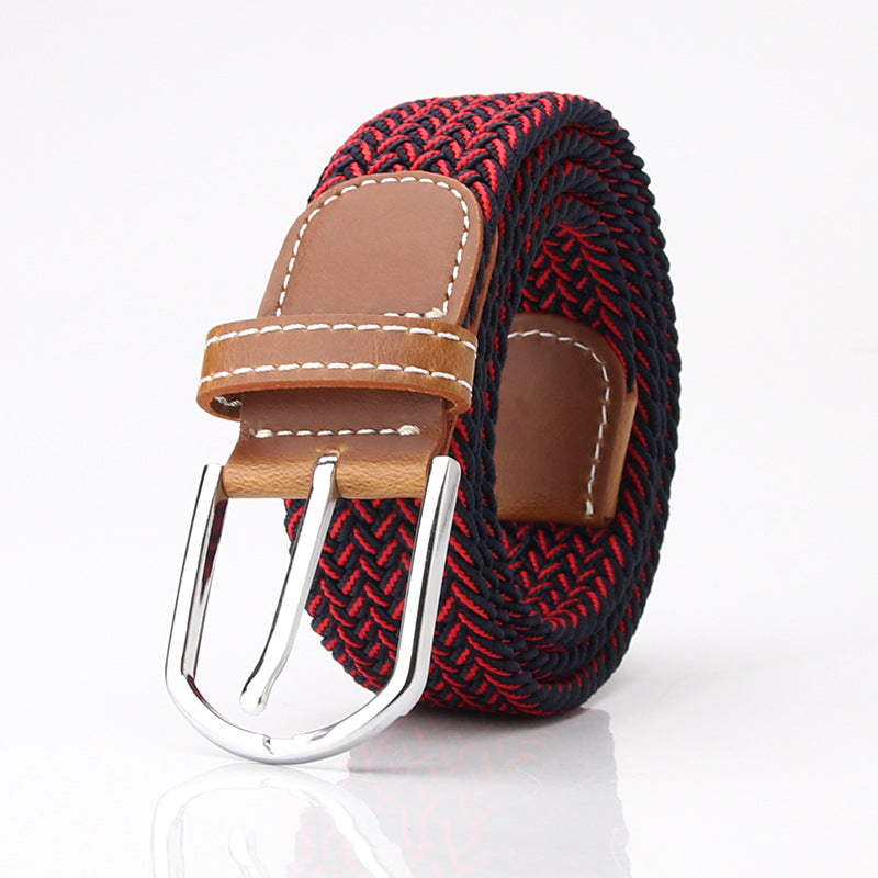 Stretch Woven Canvas Belt - Casual Pin Buckle Elastic Belt - Red + Black