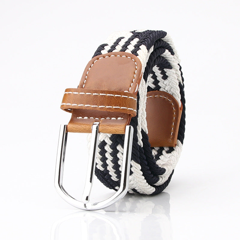 Stretch Woven Canvas Belt - Casual Pin Buckle Elastic Belt - Black + White