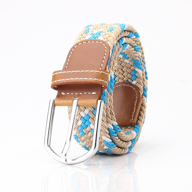 Stretch Woven Canvas Belt - Casual Pin Buckle Elastic Belt - Khaki + Blue