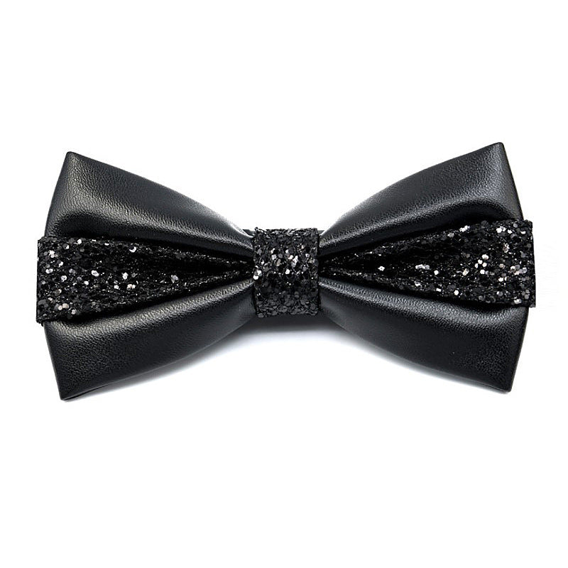 Bow Tie with Gift Box - PU Material Sequins Bow Tie - Wedding Party Host Trendy - Black