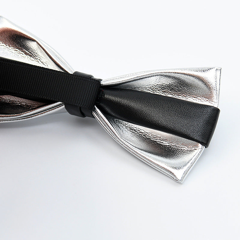 Bow Tie with Gift Box - PU Material Bow Tie - Fine Workmanship - Wedding Party Host Trendy - Silver