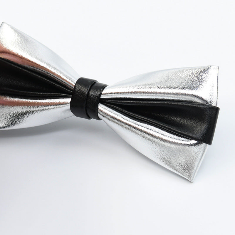 Bow Tie with Gift Box - PU Material Bow Tie - Fine Workmanship - Wedding Party Host Trendy - Silver