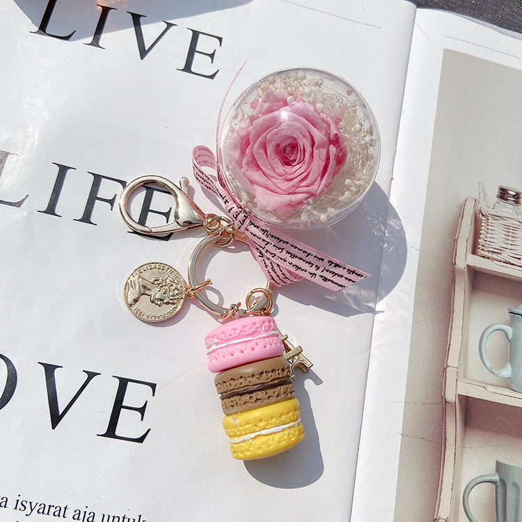 Macaron Cake and Forever Rose (Real Flower) Keychain-Perfect Clothing and Bag Accessories