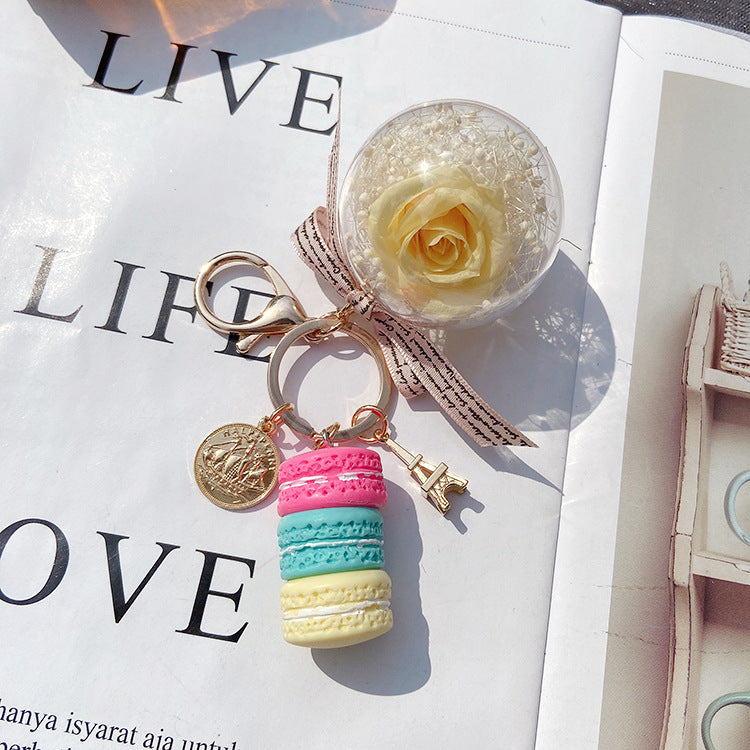 Macaron Cake and Forever Rose (Real Flower) Keychain-Perfect Clothing and Bag Accessories