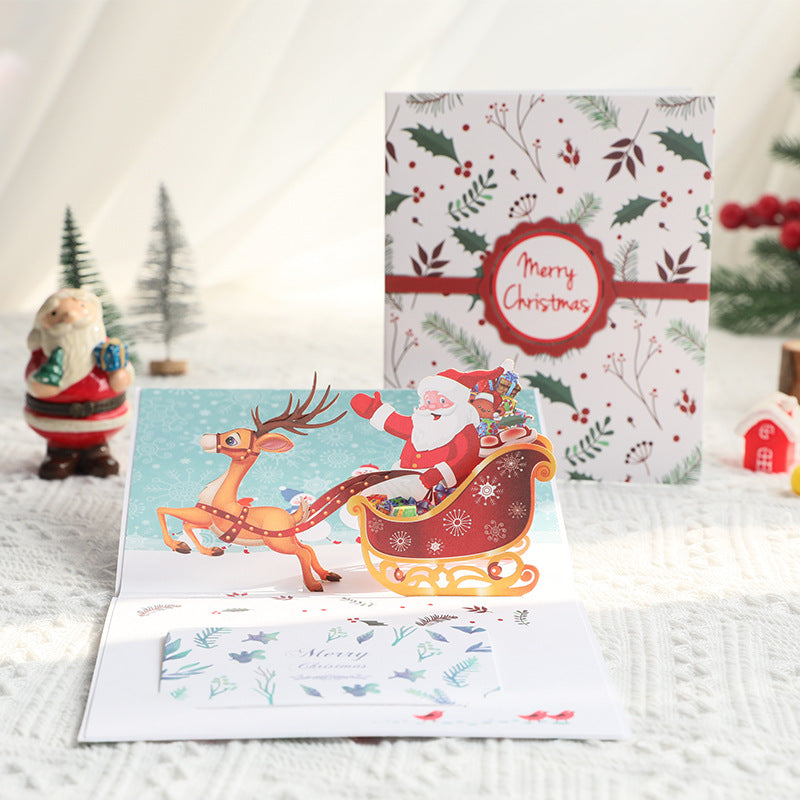 Christmas 3D Pop Up Card - Color Printing Christmas Deer Cart Three-Dimensional Greeting Card