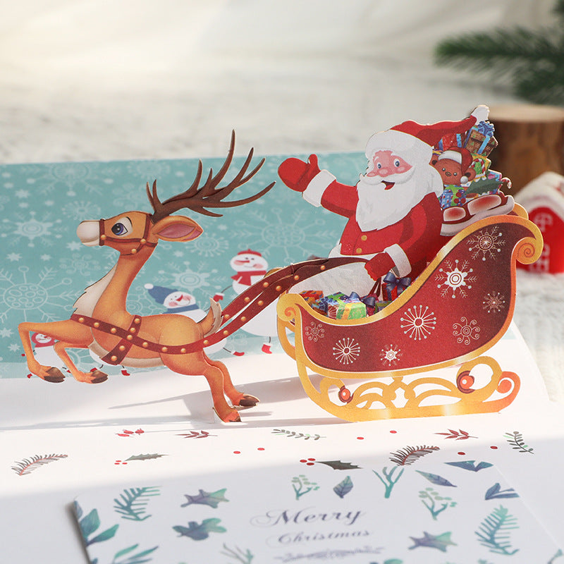 Christmas 3D Pop Up Card - Color Printing Christmas Deer Cart Three-Dimensional Greeting Card