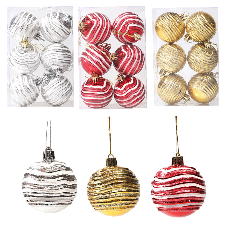 Christmas Balls Ornaments - 6 Pcs Stripe Balls in PVC Bucket Wrapping for Xmas Tree Decorations - 60 mm