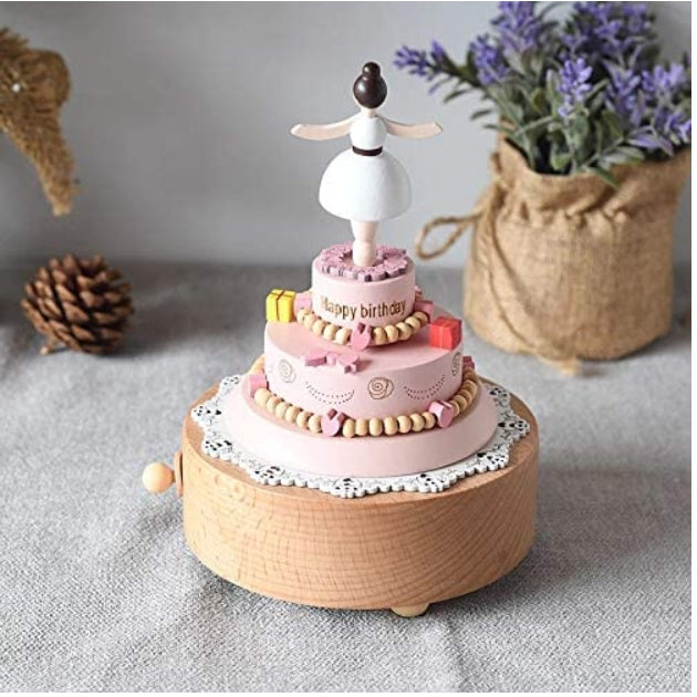 Wooden Music Box - For Birthday Happy Birthday Music - With Quality Wood And Rotating Cake