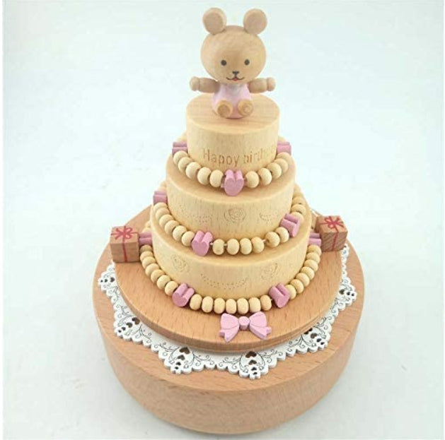 Wooden Music Box - For Birthday Happy Birthday Music - With Quality Wood And Rotating Cake