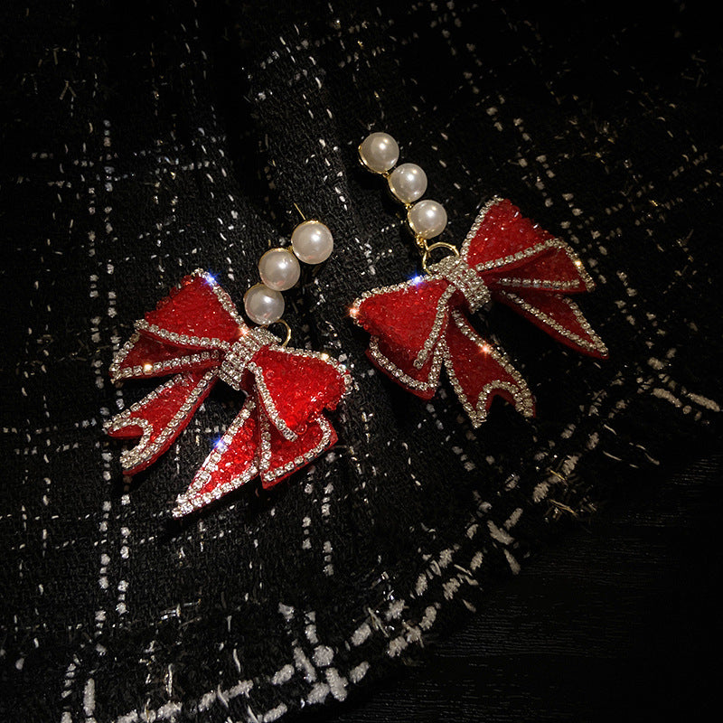 Earrings Red Bow Tie 925 Silver Needles for Women Girls Jewelry