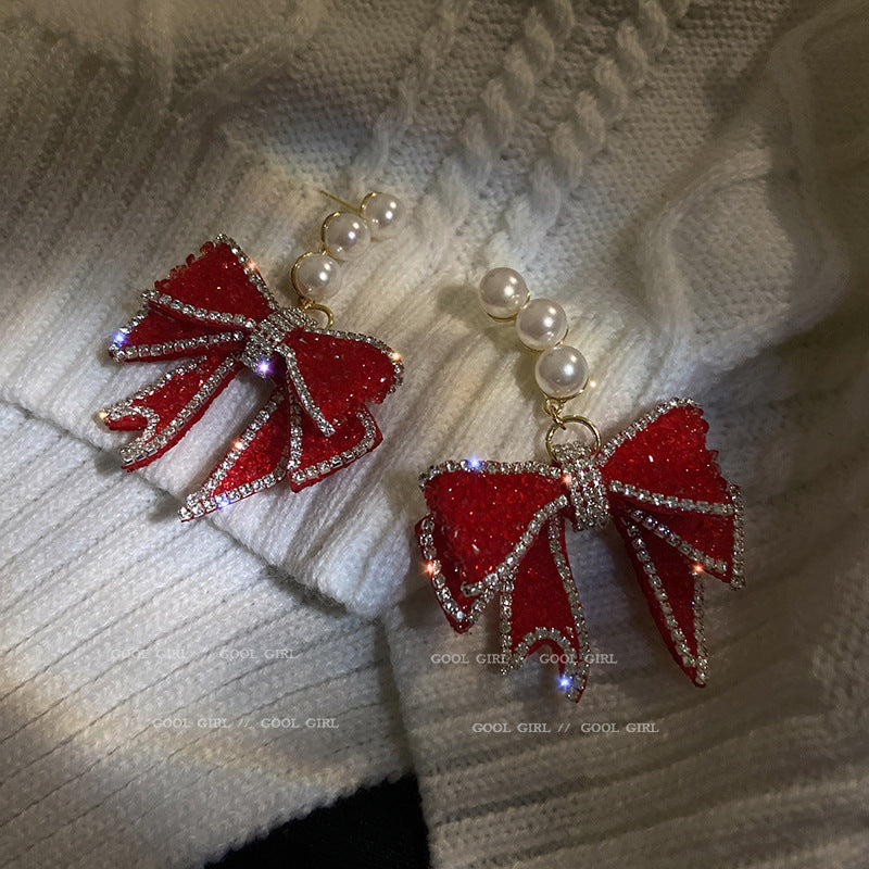 Earrings Red Bow Tie 925 Silver Needles for Women Girls Jewelry