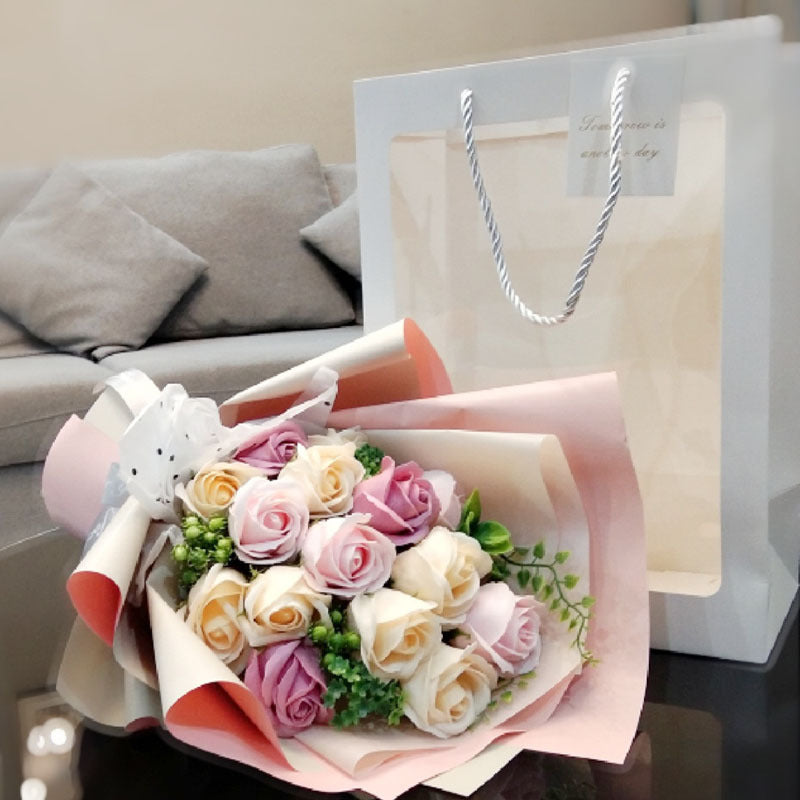 Artificial Flower - Soap Flower Bouquet Gift Bag with Led Light and Transparent Window Gift Bag for Parents and Lovers and Friends - Can Customized