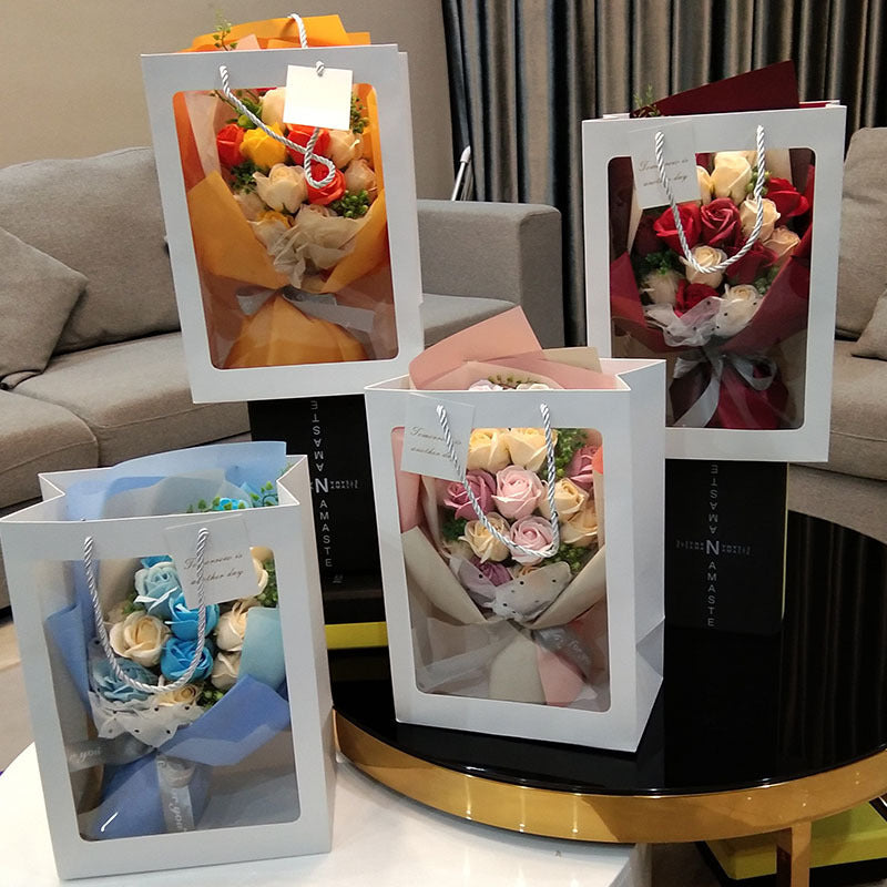 Artificial Flower - Soap Flower Bouquet Gift Bag with Led Light and Transparent Window Gift Bag for Parents and Lovers and Friends - Can Customized