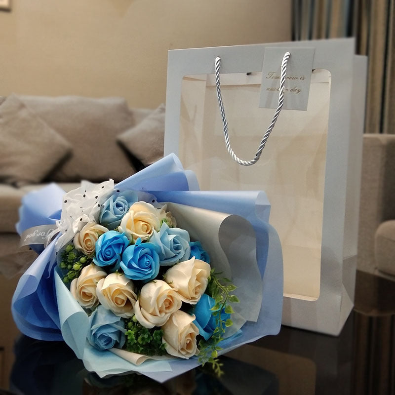 Artificial Flower - Soap Flower Bouquet Gift Bag with Led Light and Transparent Window Gift Bag for Parents and Lovers and Friends - Can Customized