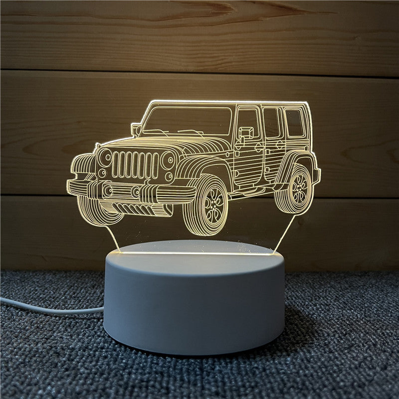 Jeep Car - 3D Night Light -  LED Lamp - Bedside Desk Table Lamp - Lights with Acrylic Flat & USB Charger - As Home Decor - 3 Colors