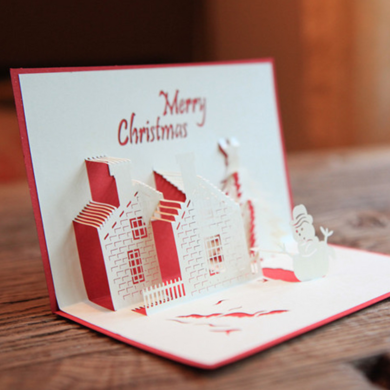 Christmas 3D Pop Up Card - Snowman , Tree and House Greeting Card