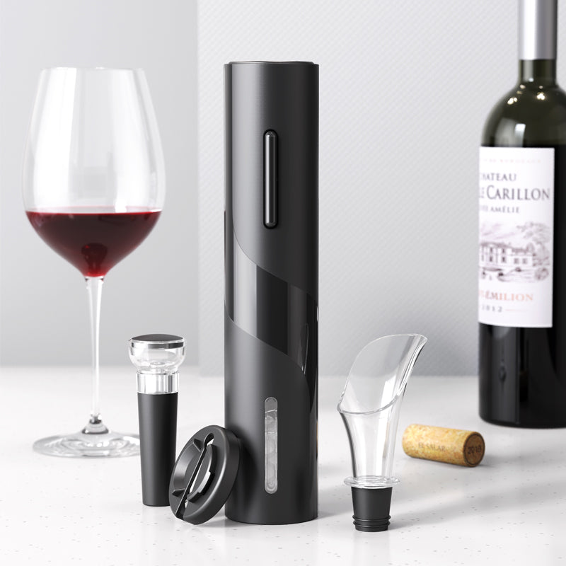 Electric Wine Opener Makes Opening Bottles Fast - Foolproof - And Fun! Black - Battery-Operated 4-Piece Corkscrew Set Comes With A Foil Cutter - Pourer - And Vacuum Stopper