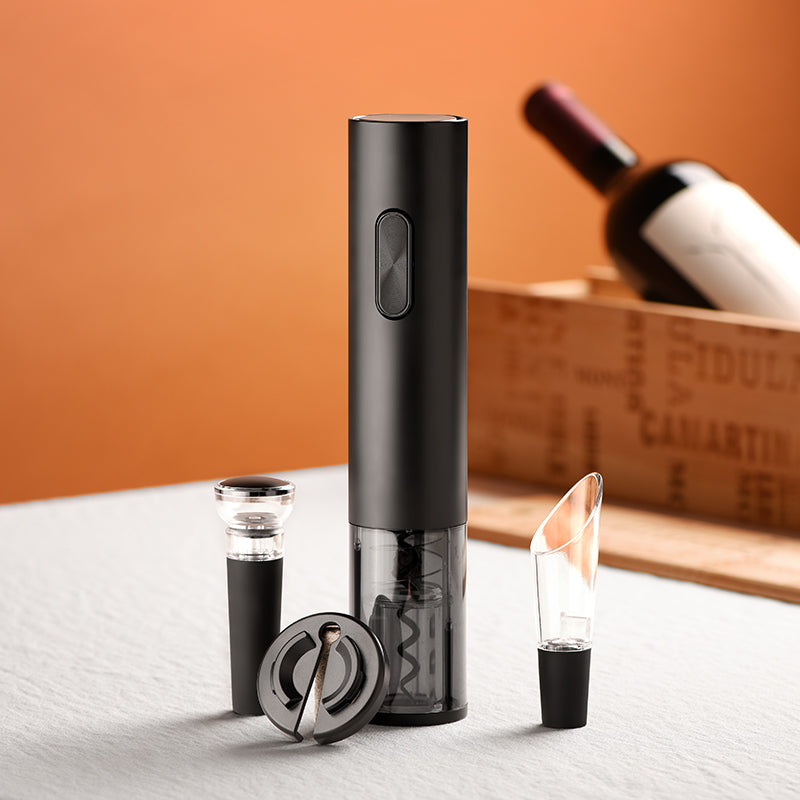 Electric Wine Corkscrew - Dry Battery Corkscrew - Wine Pourer - Vacuum Wine Stopper - Foil Knife (No Light) - ABS All Black - Gift Box