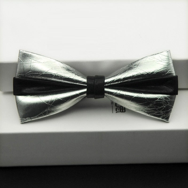 Bow Tie with Gift Box - PU Material Bow Tie - Fine Workmanship - Wedding Party Host Trendy - Silver