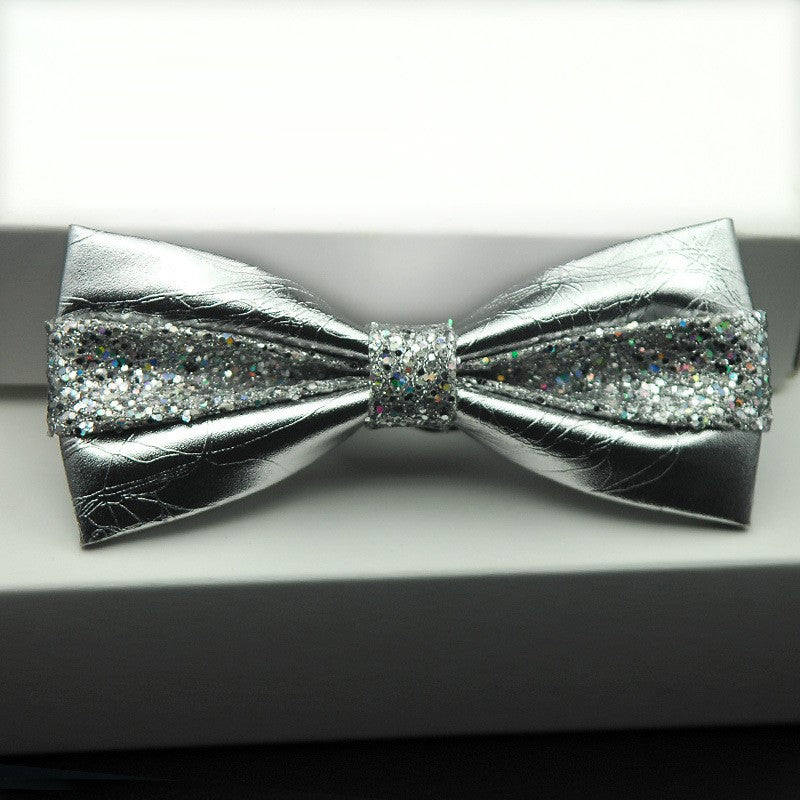 Bow Tie with Gift Box - PU Material Sequins Bow Tie - Wedding Party Host Trendy - Silver