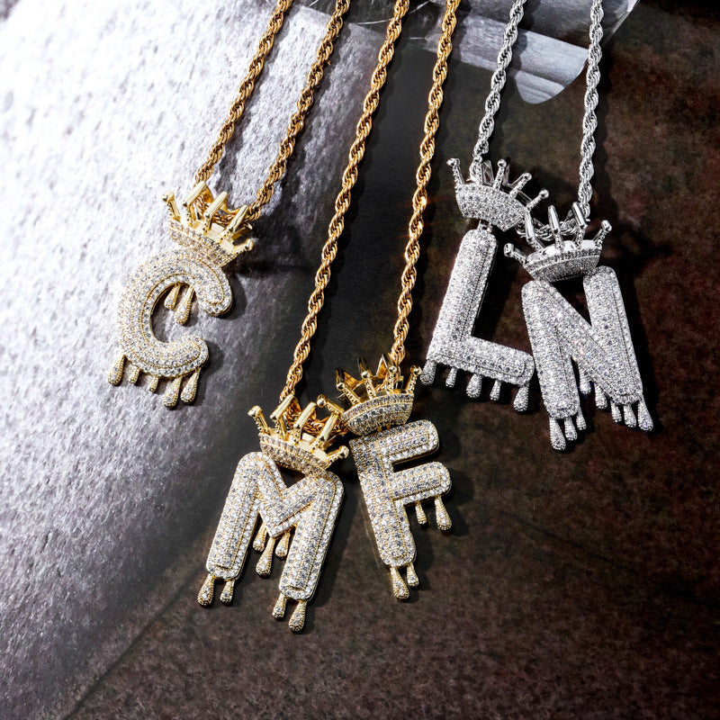 European and American Popular Retro Crown English Alphabet Hip-Hop Pendant - Micro-set Zircon Tide Brand Necklace Pendant