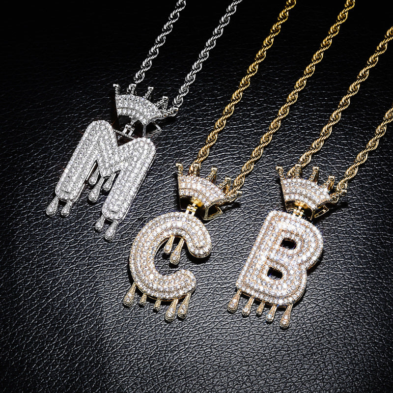 European and American Popular Retro Crown English Alphabet Hip-Hop Pendant - Micro-set Zircon Tide Brand Necklace Pendant