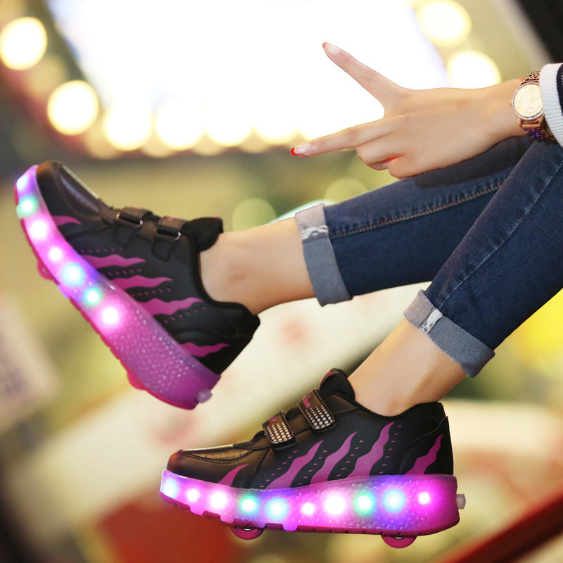 New LED Light Roller Skates - Rechargeable Pulley Shoes - Wheeled Shoes for Boys , Girls and Adults - Style 1 - Rose Red