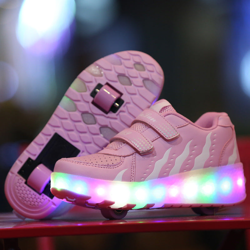 New LED Light Roller Skates - Rechargeable Pulley Shoes - Wheeled Shoes for Boys , Girls and Adults - Style 1 - Pink