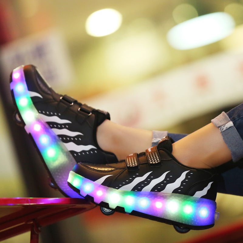 New LED Light Roller Skates - Rechargeable Pulley Shoes - Wheeled Shoes for Boys , Girls and Adults - Style 1 -  Black