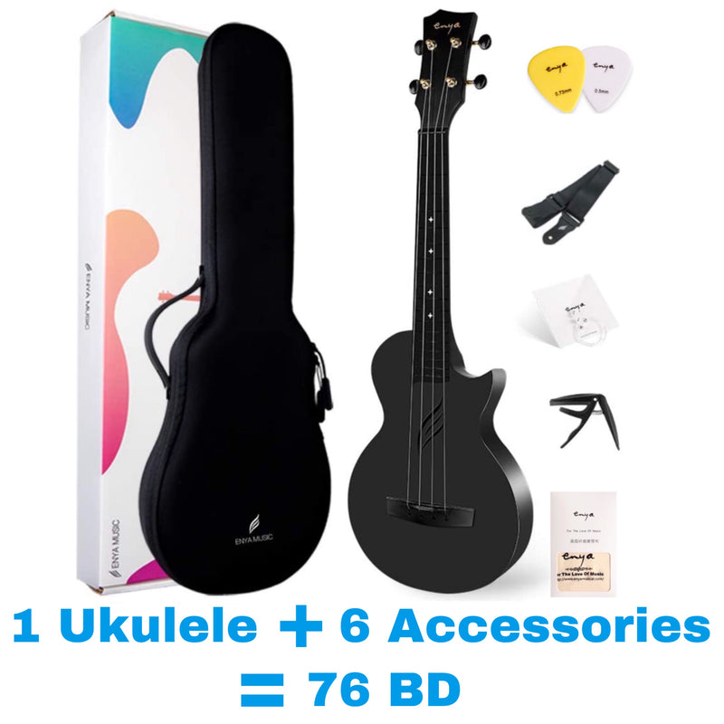 Enya NOVA U Concert 23” Ukulele - Black - Carbon Fiber Travel Ukulele  - With Beginner Kit includes Case, Picks (2 pcs), Strap, Strings, Capo and Polish Cloth