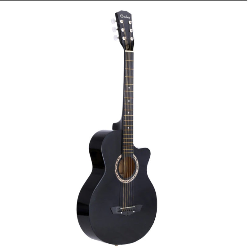 Cowboy Acoustic 38" Guitar - Black – Basswood - With Beginner Kit includes Cover, Picks (5 pcs), Tuner