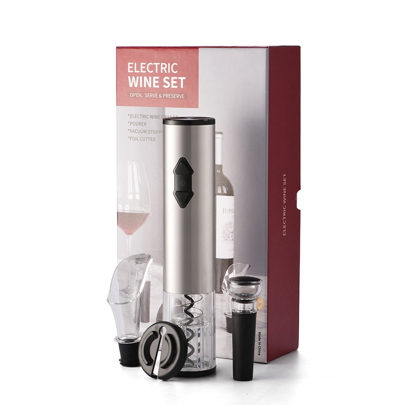 Electric Wine Set - Include Electric Wine Opener - Pourer - Vacuum Stopper - Foil Cutter - Electric Wine Opener is Stainless Steel