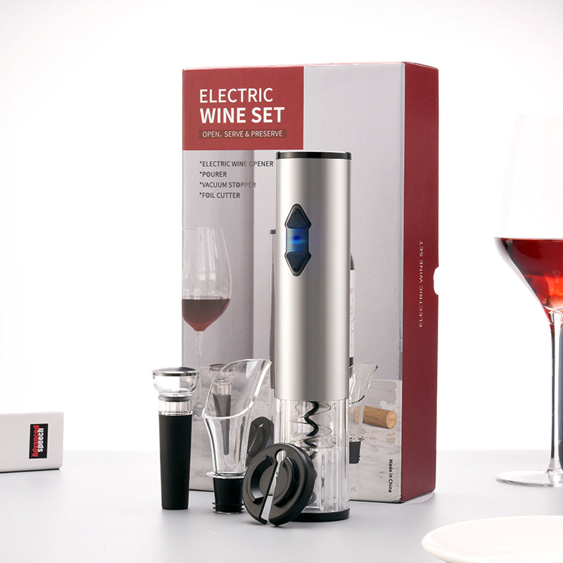 Electric Wine Set - Include Electric Wine Opener - Pourer - Vacuum Stopper - Foil Cutter - Electric Wine Opener is Stainless Steel