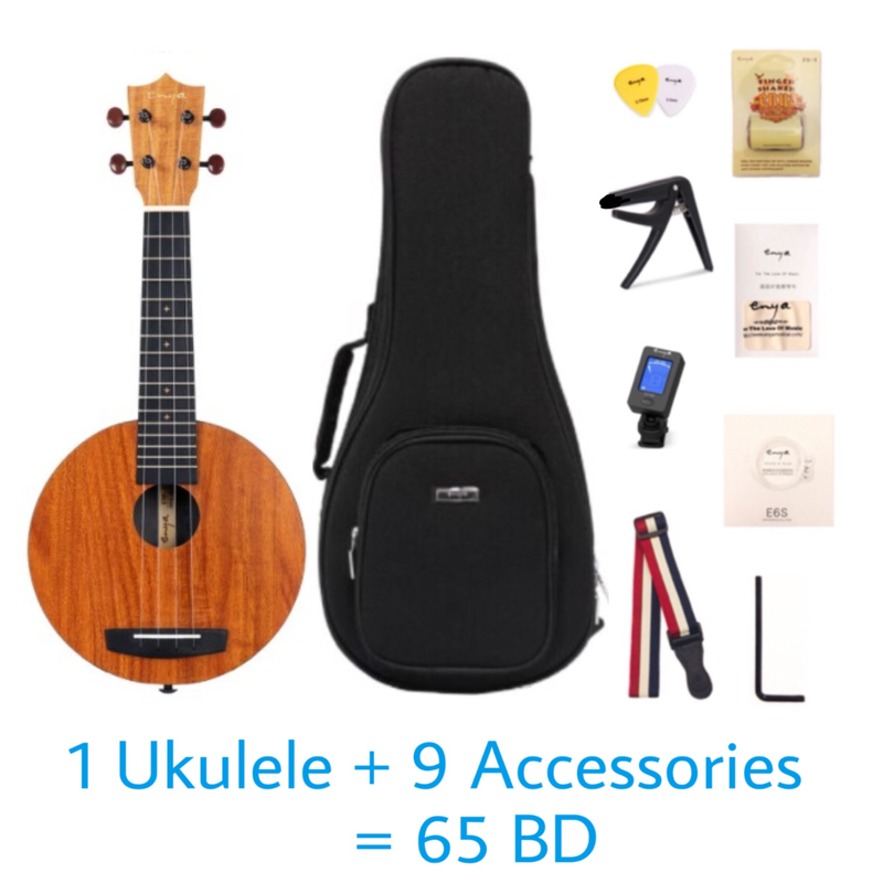 Enya X1 HPL Soprano 21" Round Ukulele - KOA Travel Ukulele  - With Beginner Kit includes Cover, Picks (2 pcs), Capo, Tuner, Strap, Finger Sand Shaker, Polish Cloth,  Strings and Allen Key