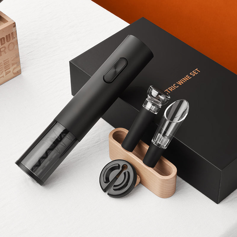 Electric Wine Corkscrew - Dry Battery Corkscrew - Wine Pourer - Vacuum Wine Stopper - Foil Knife (No Light) - ABS All Black - Gift Box