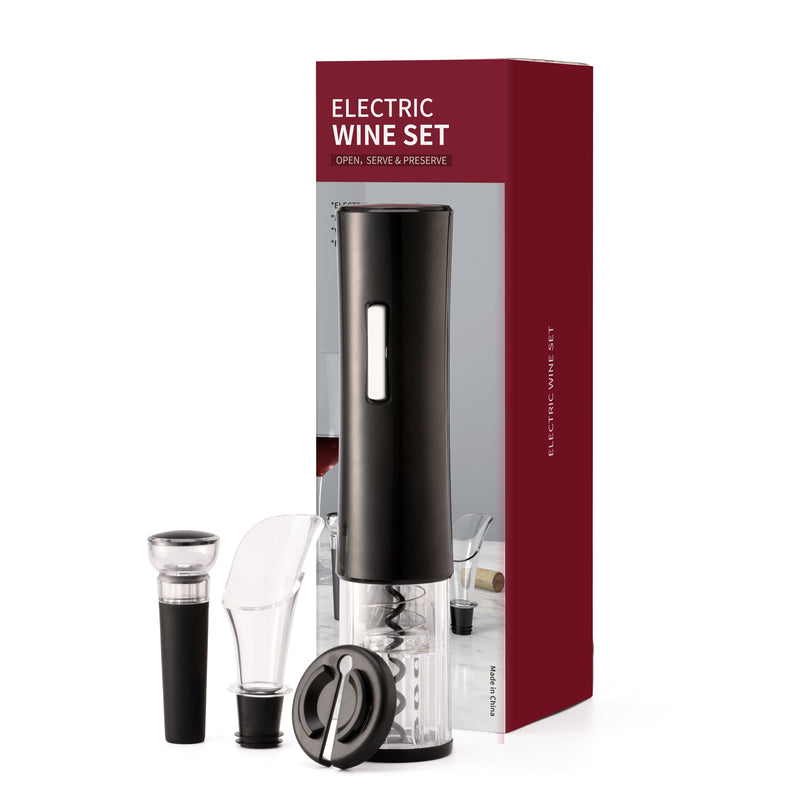 Electric Wine Opener Makes Opening Bottles Fast - Battery-Operated 4-Piece Corkscrew Set Comes With A Foil Cutter - Pourer - Vacuum Wine Stopper