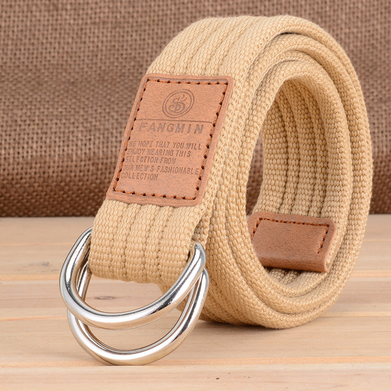 Canvas Belt - Casual Business Jeans Double Buckle Belt - Outdoor Woven - Khaki