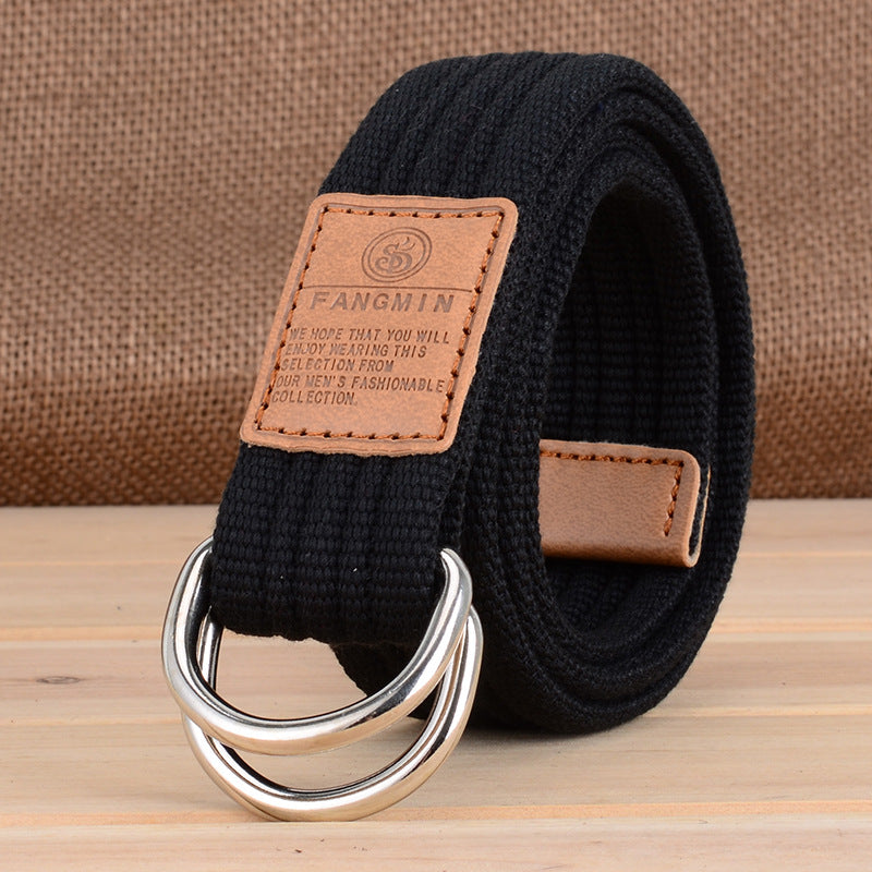 Canvas Belt - Casual Business Jeans Double Buckle Belt - Outdoor Woven - Black