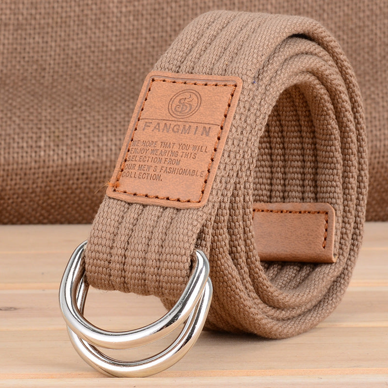 Canvas Belt - Casual Business Jeans Double Buckle Belt - Outdoor Woven - Brown