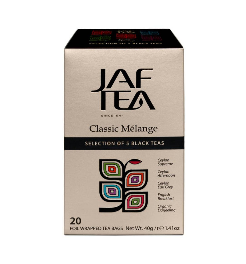 JAF TEA - Tea Bag - Classic Melange - Assortment of 5 Black Teas in 1 Carton - Individually Wrapped Foil Envelope Tea Bags 20×2g