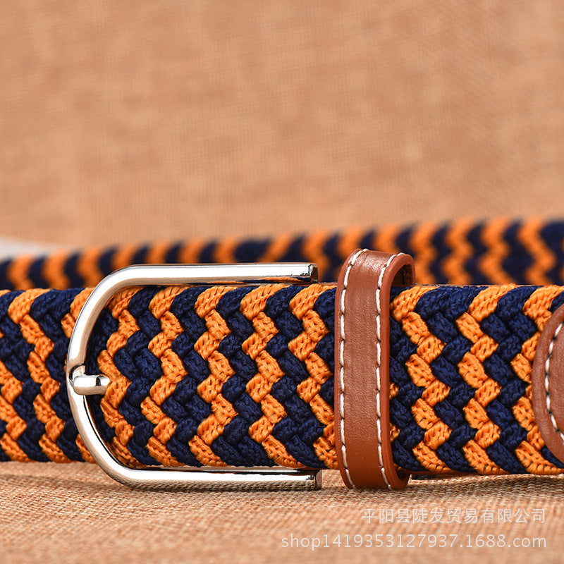 Stretch Woven Canvas Belt - Casual Pin Buckle Elastic Belt - Brown + Blue